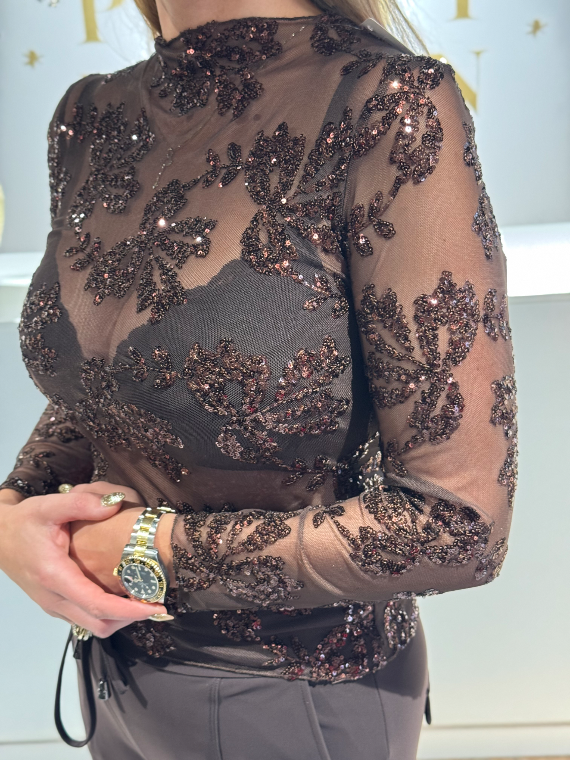 Feline Sequin Top Brown - Afbeelding 2